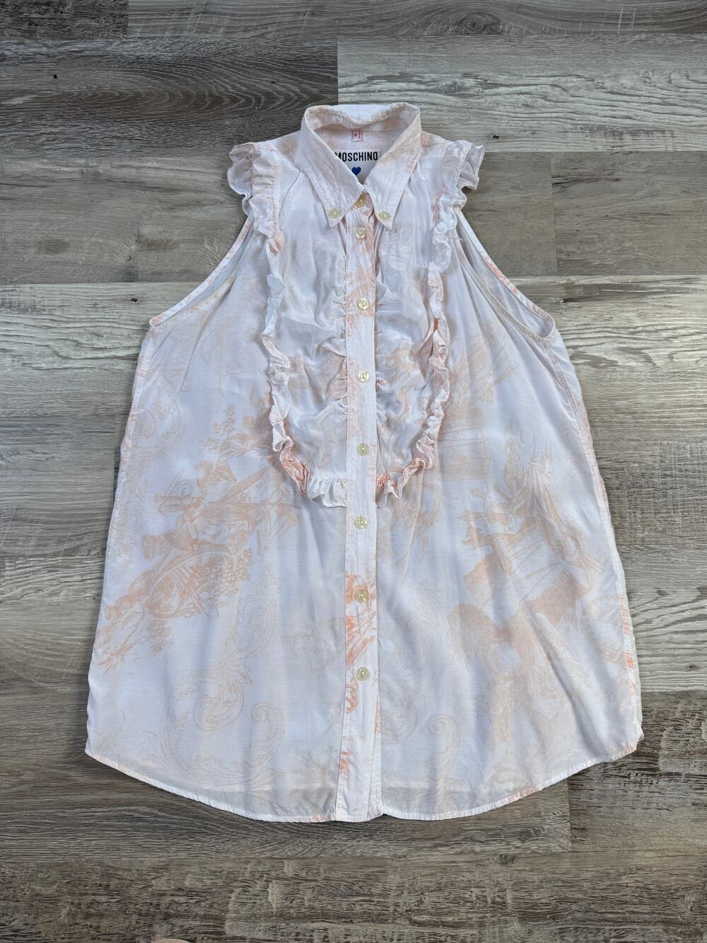 Vintage 90s Moschino Milano Pink Toile Ruffle Sleeveless Button Tank Top M Italy